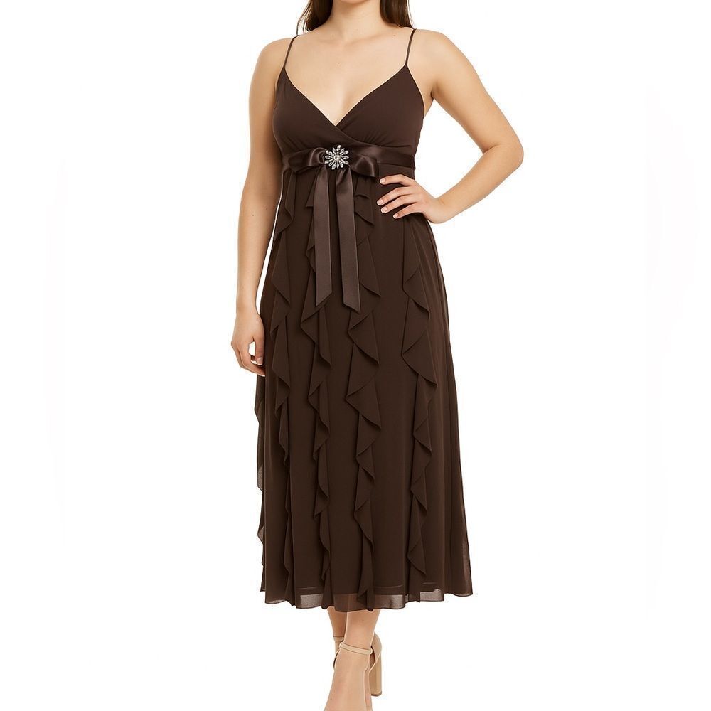 Betsy & Adam Maxi Midi Dress Brown Ruffle Formal Made in USA SZ 6P